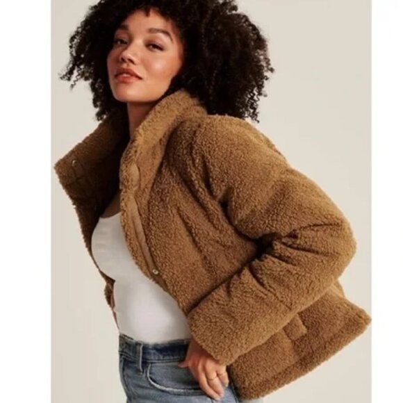 Abercrombie & Fitch Tan Sherpa Mini Puffer Jacket - Picture 1 of 6